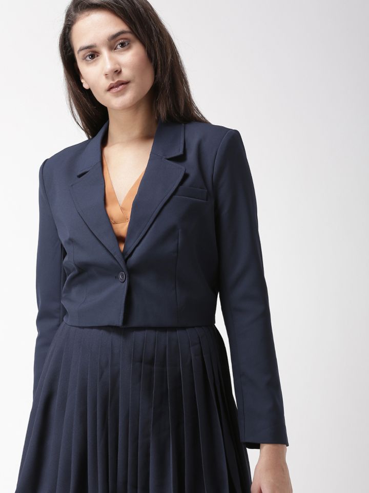 Buy FOREVER 21 Women Navy Blue Crop Blazer Blazers for Women