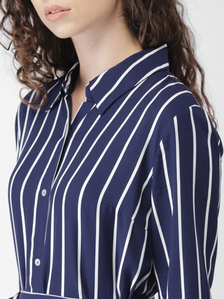 Navy Blue Striped Shirt Dress - Dresses 