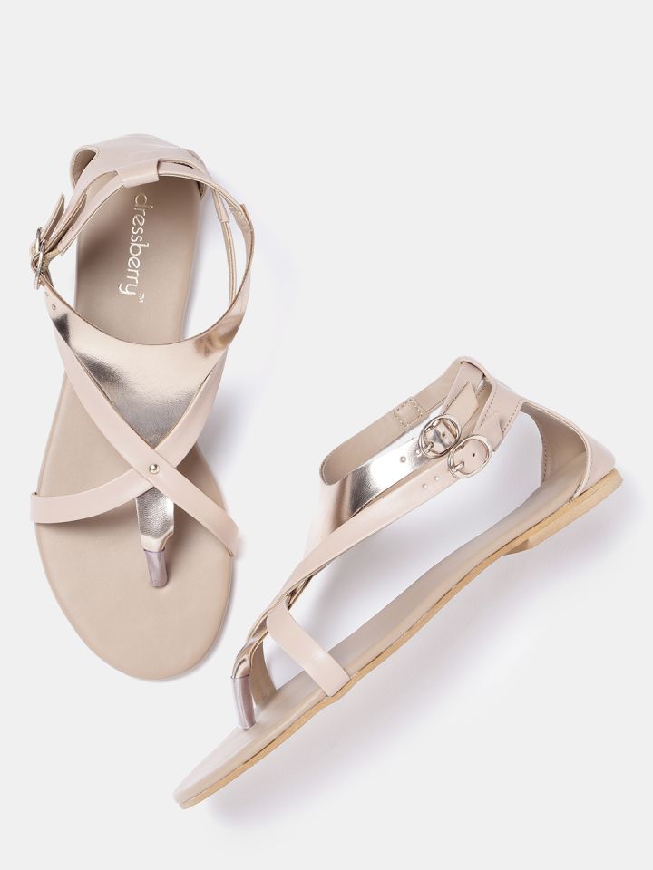 DressBerry Women Beige Rose Gold Toned Colourblocked Open Toe Flats