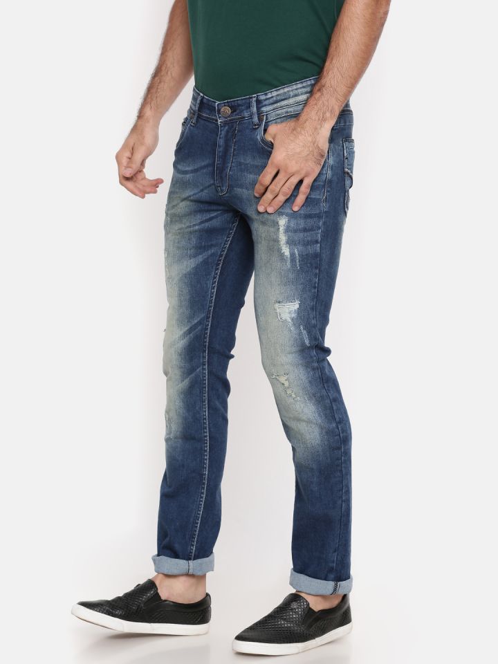 Buy Oxemberg Men Blue Slim Fit Mid Rise Low Distress Stretchable