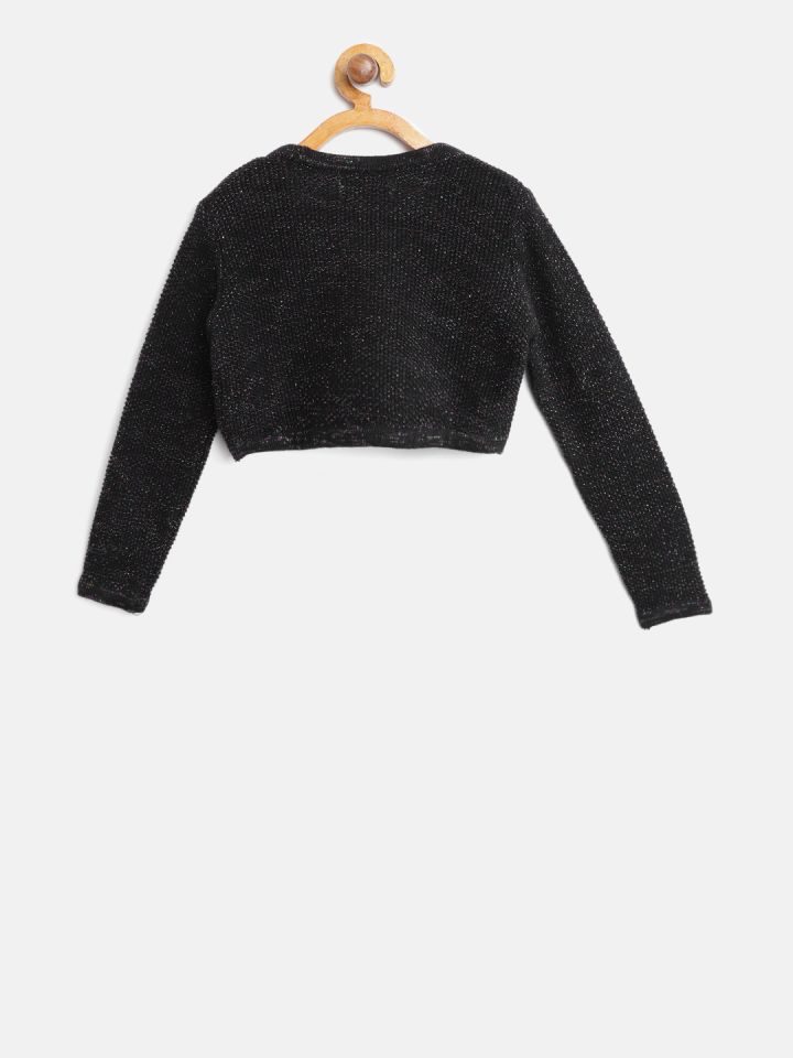 Buy Nauti Nati Black Self Design Open Front Crop Shrug Shrug for