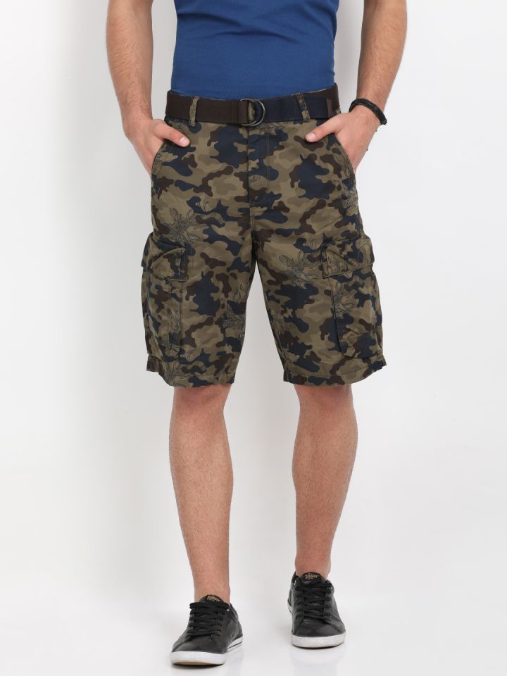 Buy T Base Men Olive Green Printed Regular Fit Cargo Shorts