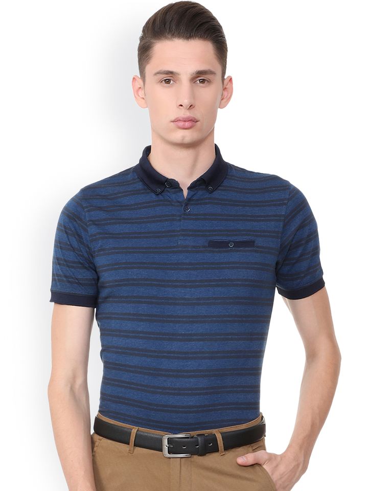 Men Navy Blue Striped Polo Collar 