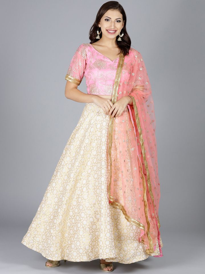 Buy Ethnovog Off White Pink Self Design Made To Measure Lehenga