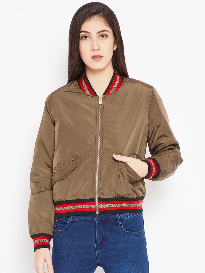 Madame Women Brown Solid Varsity Jacket