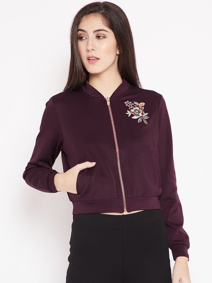 Madame Women Burgundy Solid Bomber Jacket