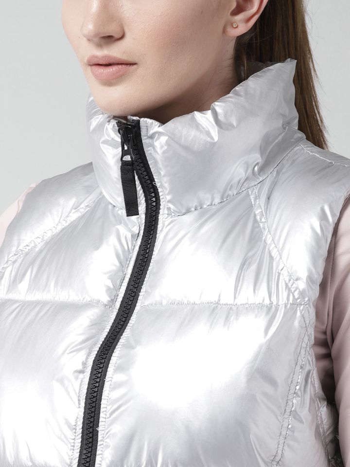 Buy FOREVER 21 Women Silver Solid Padded Sports Jacket Jackets