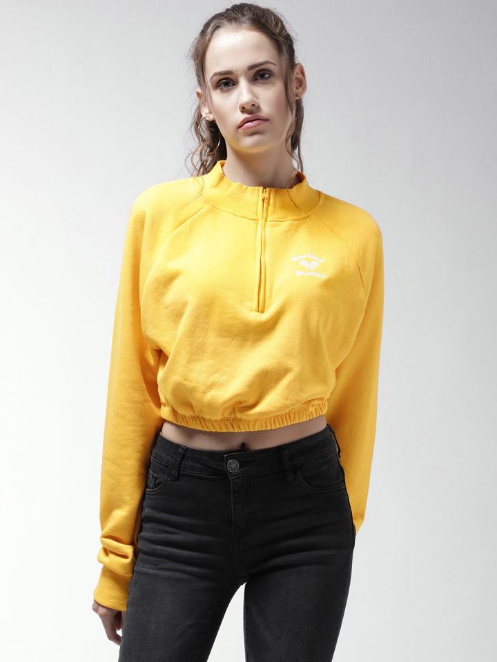 FOREVER 21 Women Yellow Solid Cropped Sweatshirt