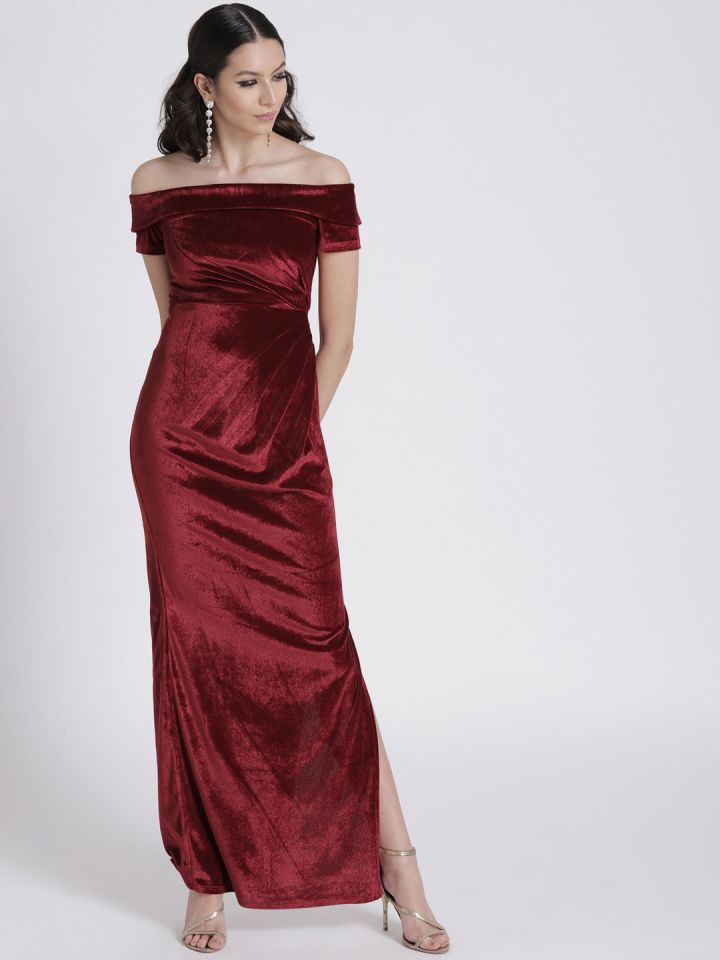Maroon velvet off the shoulder dress online