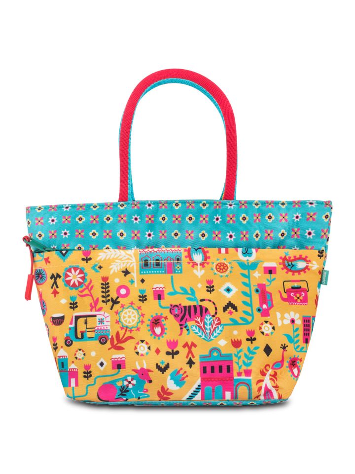 Buy Chumbak Yellow Turquoise Blue Printed Tote Bag Handbags