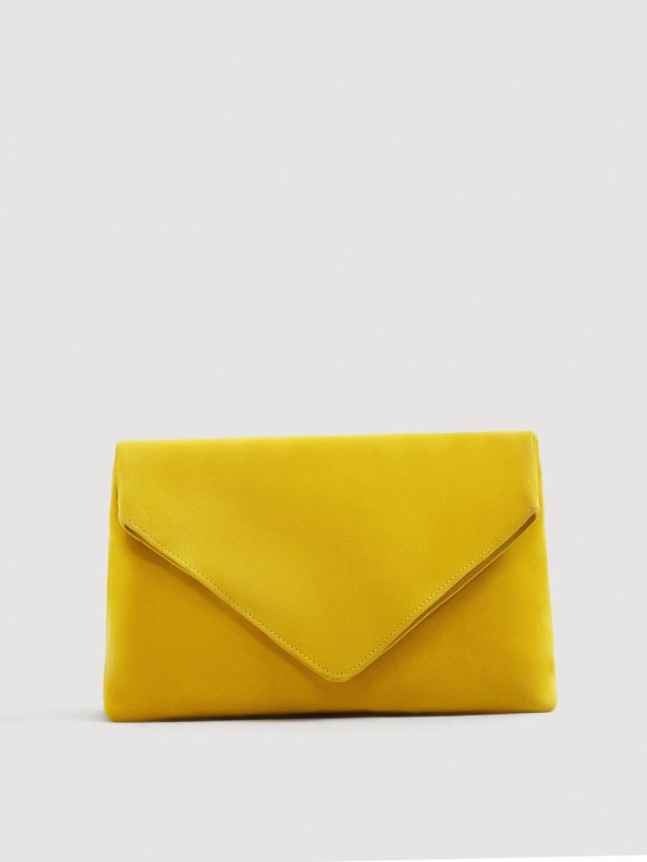 mustard yellow suede clutch bag