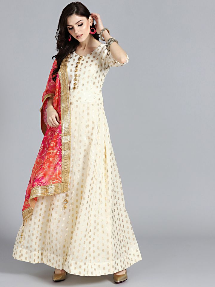 White and clearance golden churidar