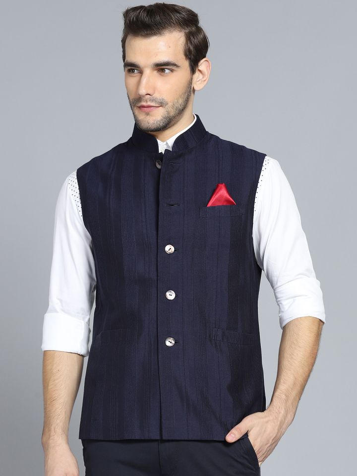 Rohit Bal Limited Men Navy Blue Self Striped Pure Cotton Nehru