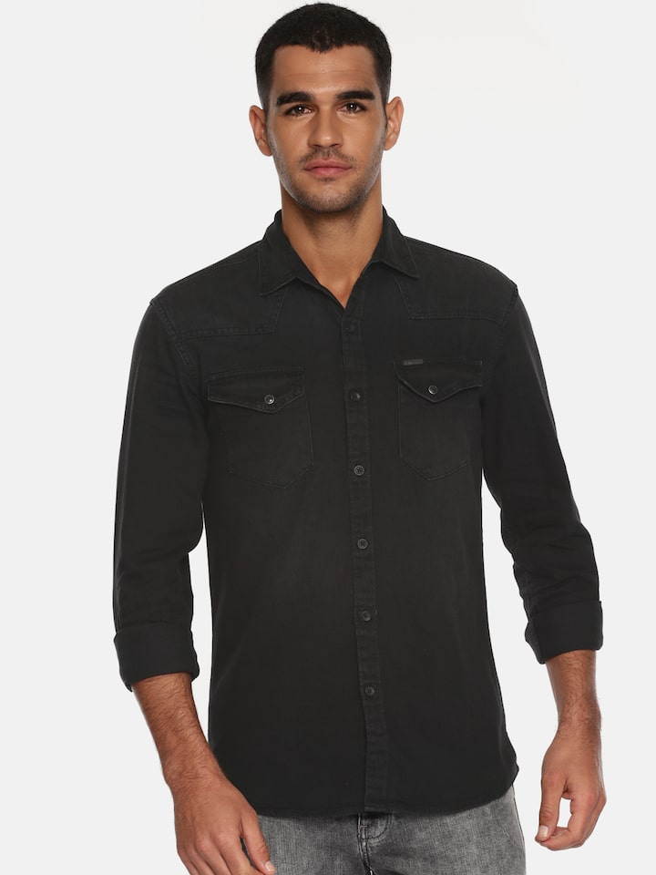 Buy Wrangler Men Black Slim Fit Faded Casual Denim Shirt - Shirts for Men  7027676 | Myntra