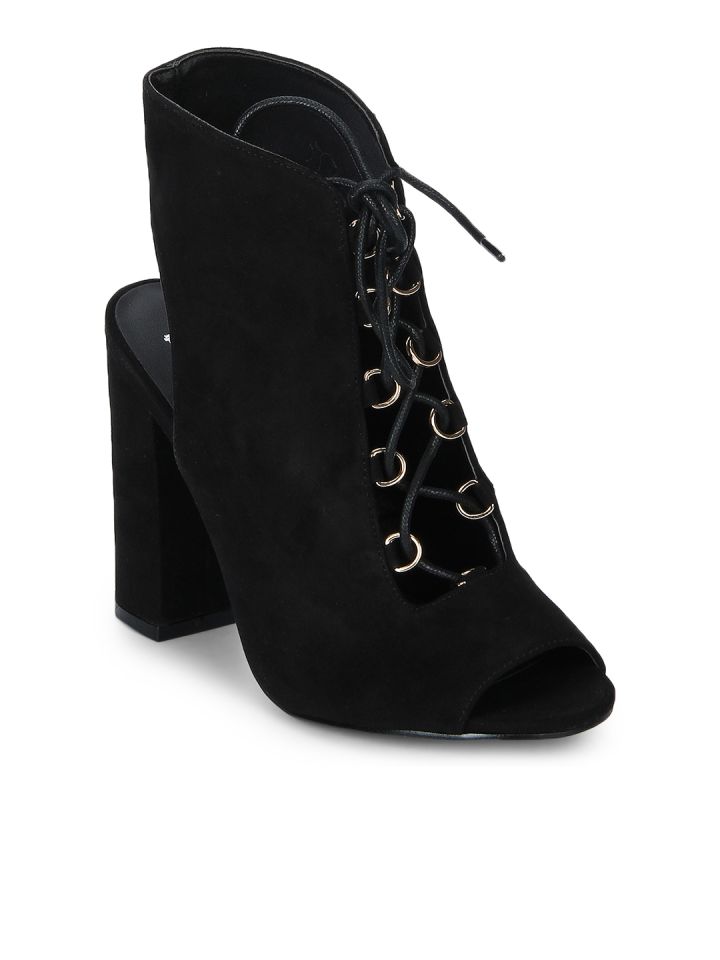 Buy Truffle Collection Black Solid Peep Toe Lace Up Block Heels