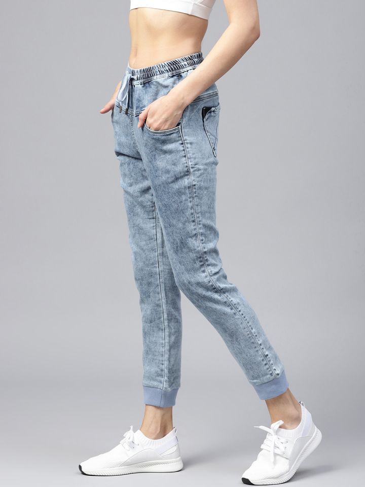 HRX by Hrithik Roshan Women Blue Regular Fit Acid Wash Denim Joggers