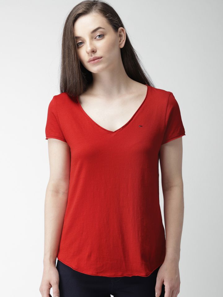 red v neck women's t shirt