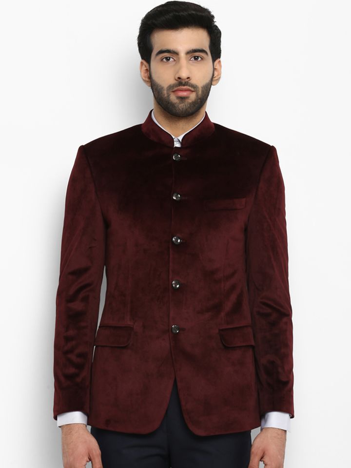 Buy Raymond Men Maroon Solid Single Breasted Regular Fit Bandhgala