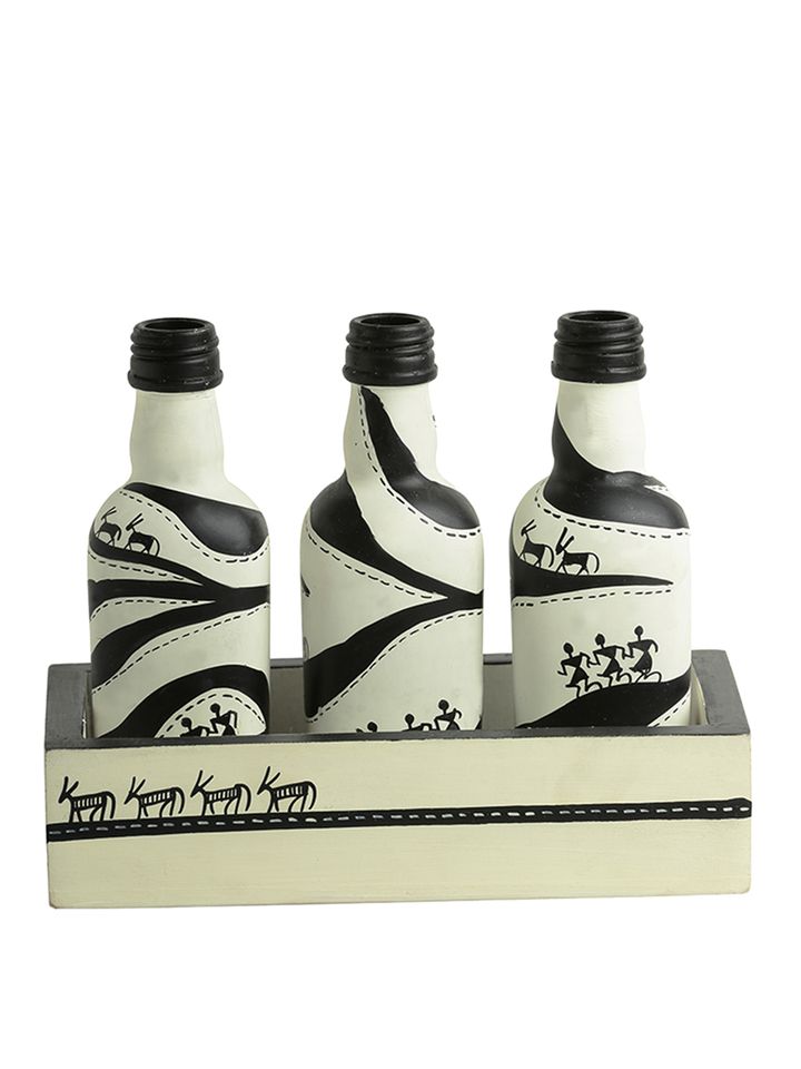 Buy ExclusiveLane 'The Warli Village' Hand Painted Decorative Money Planter  Bottles With Wooden Tray - Vases for Unisex 7076405 | Myntra
