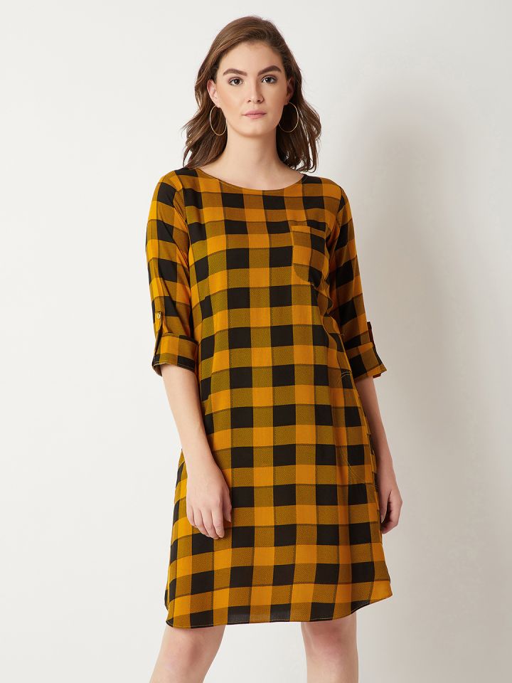 yellow and black checked dress