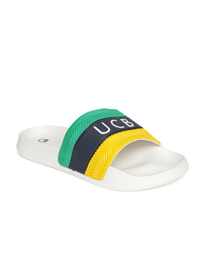 United Colors of Benetton Men Yellow Green Striped Sliders