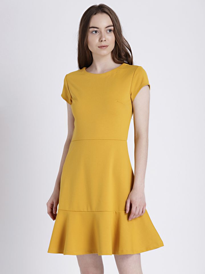 mustard yellow fit and flare dress
