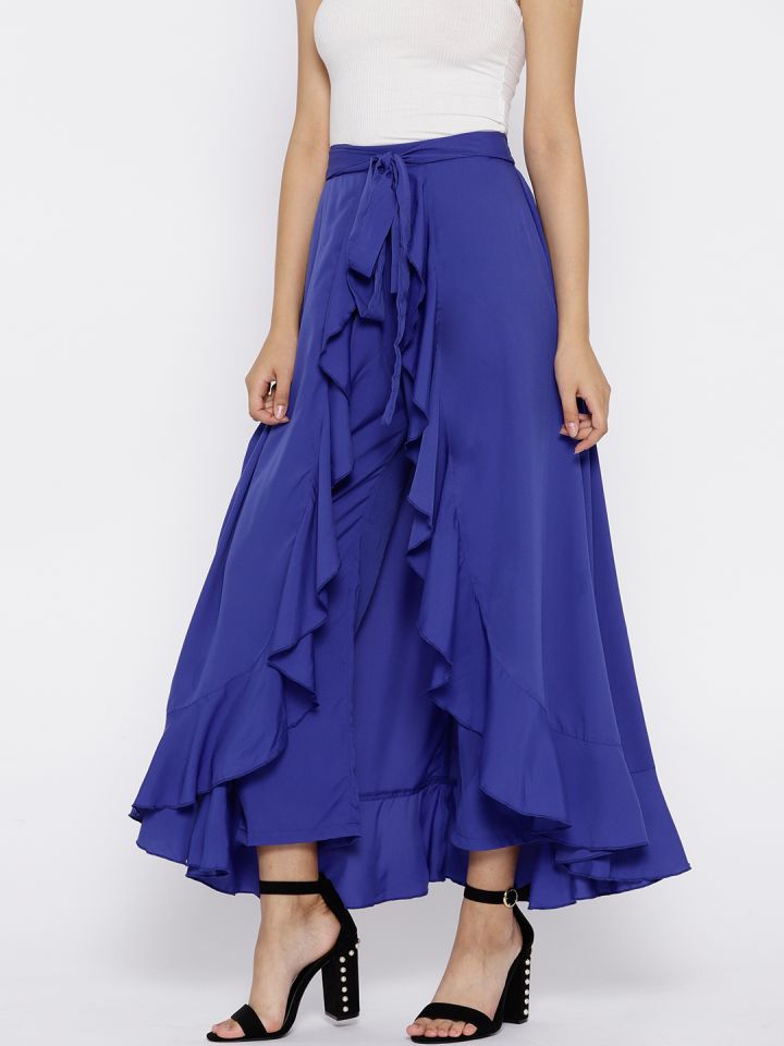 Berrylush Blue Solid Ruffled Flared Maxi Skirt with Attached Trousers for  Women
