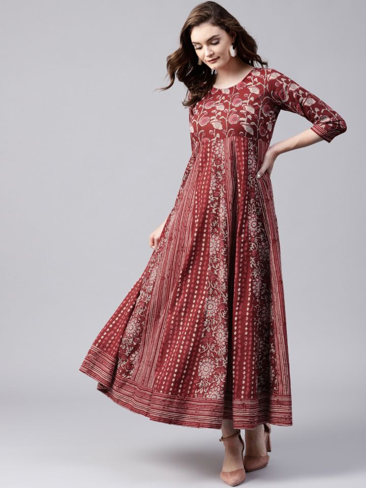 AKS Women Maroon Beige Printed Maxi Dress