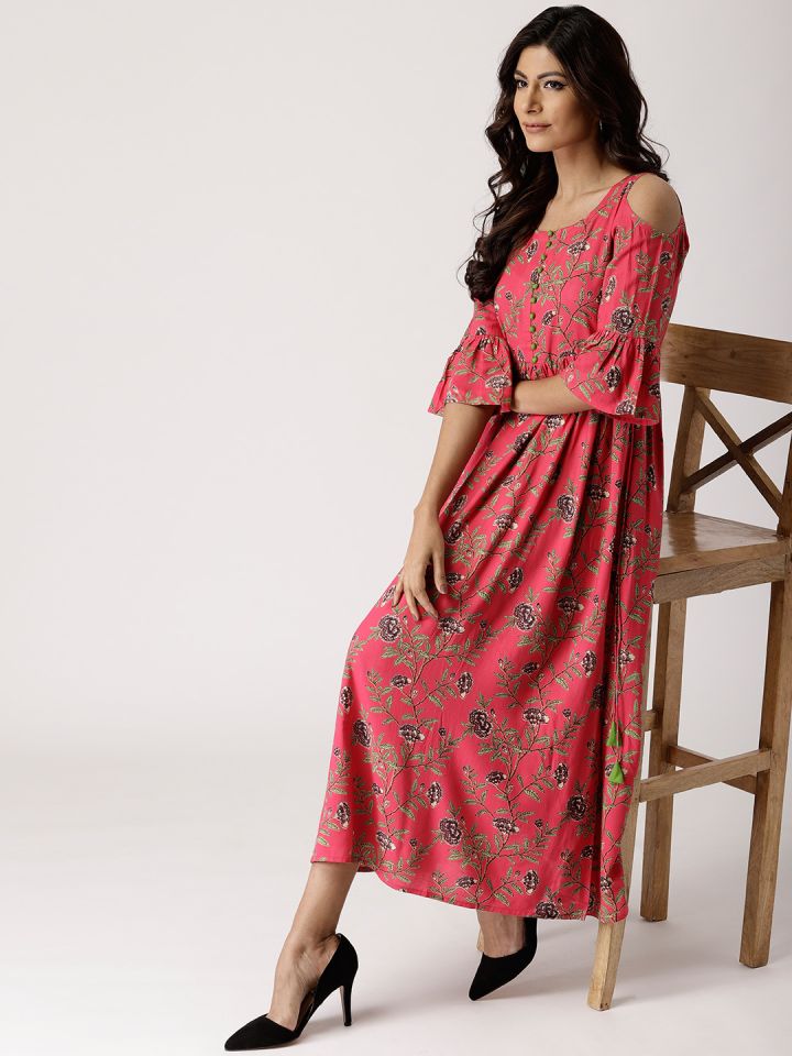 Libas Women Pink Green Printed Cold Shoulder Maxi Dress