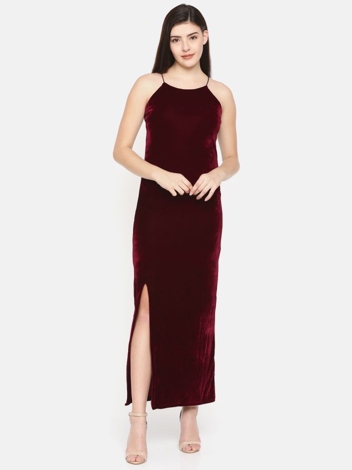 CODE by Lifestyle Women Maroon Solid Velvet Maxi Dress