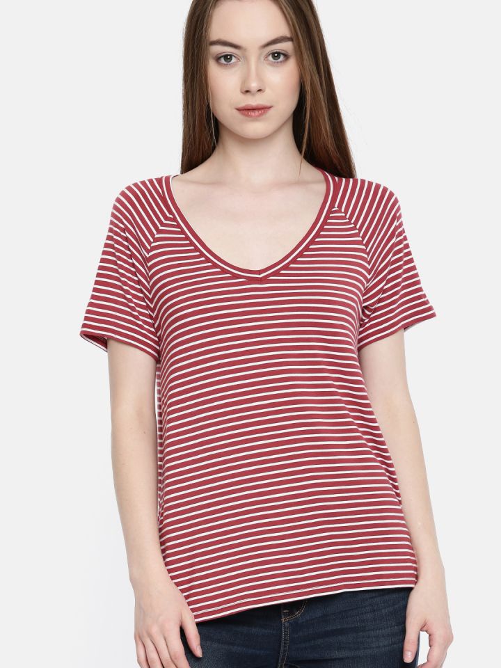 Buy AMERICAN EAGLE OUTFITTERS Women Maroon White Striped V Neck