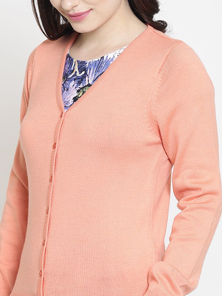 Madame Women Peach Coloured Solid Cardigan