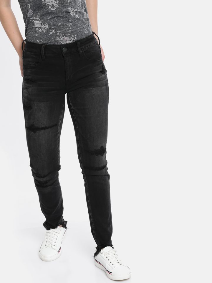 AMERICAN EAGLE OUTFITTERS Women Black Regular Low Rise Mildly Distressed Stretchable Jeans
