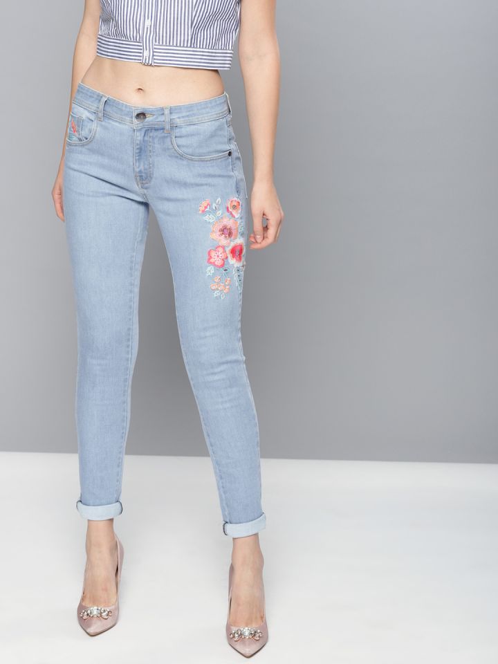 Buy NUSH Women Blue Regular Fit High Rise Clean Look Embroidered