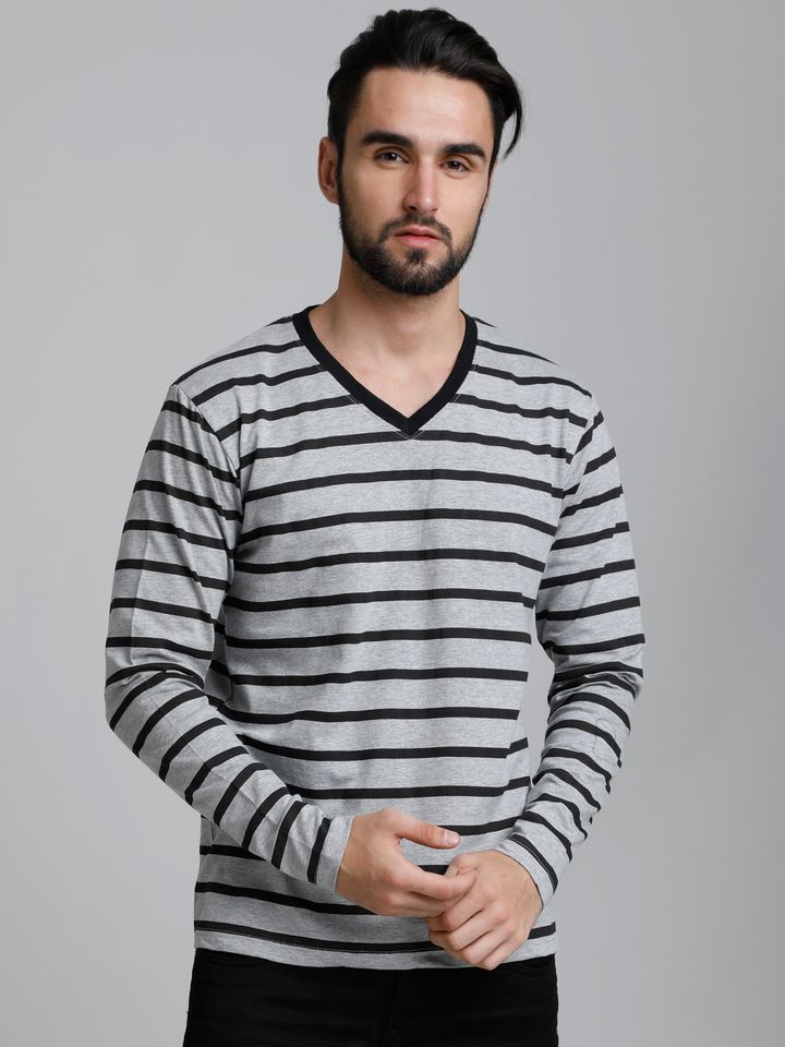 Men Grey Melange Striped V Neck 