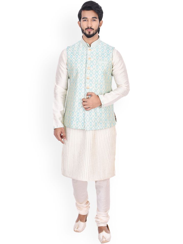 Manyavar Men Off White Blue Self Design Kurta with Churidar Nehru Jacket
