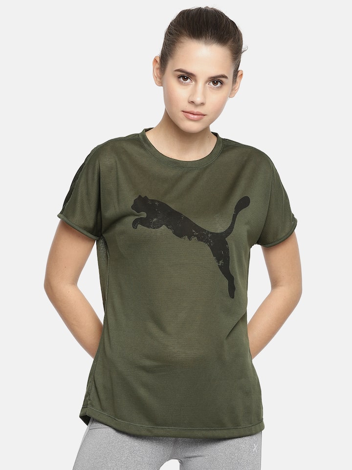 Olive Green Printed Round Neck T Shirt 
