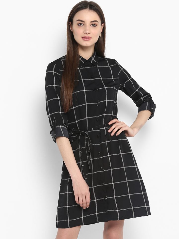 StyleStone Women Black Checked Shirt Dress