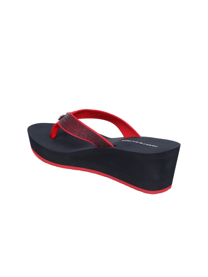 Tommy Hilfiger Women Red Black Solid Heeled Thong Flip Flops