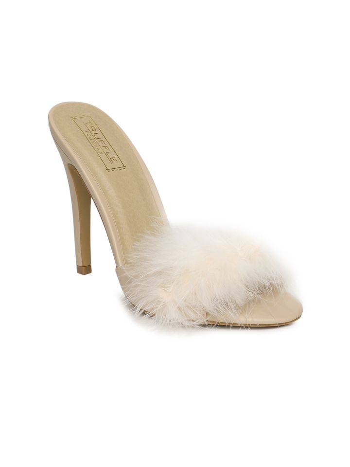 white faux fur heels