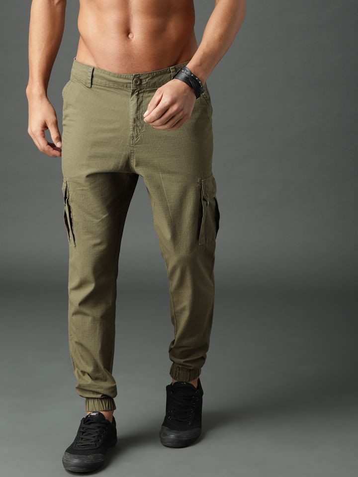 Roadster Men Olive Green Regular Fit Solid Cargos