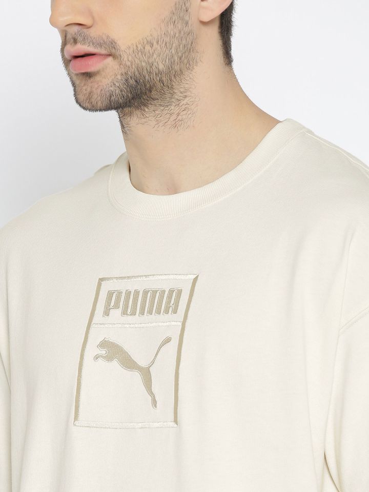 Puma Men Off White Downtown Solid Round Neck Pure Cotton T shirt