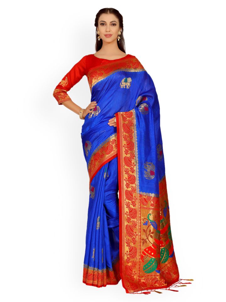 Buy MIMOSA Blue Art Silk Embellished Kanjeevaram Saree Sarees