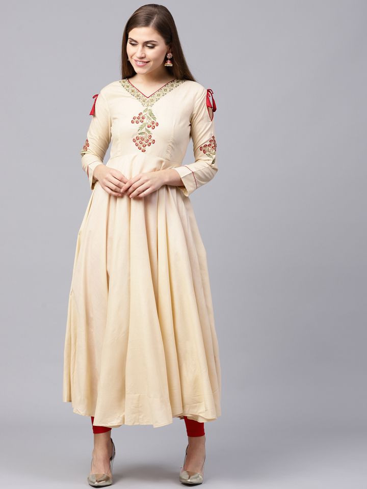 Buy Saree Mall Women Cream Coloured Yoke Design Anarkali Kurta