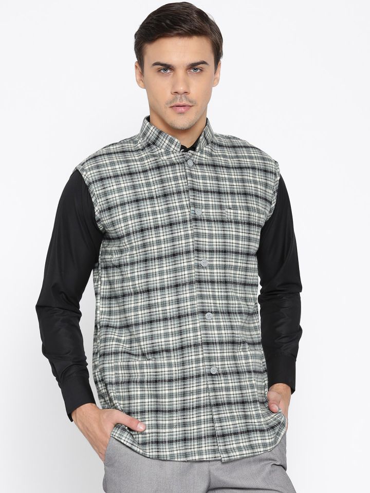 Buy Shaftesbury London Green White Checked Slim Fit Nehru Jacket