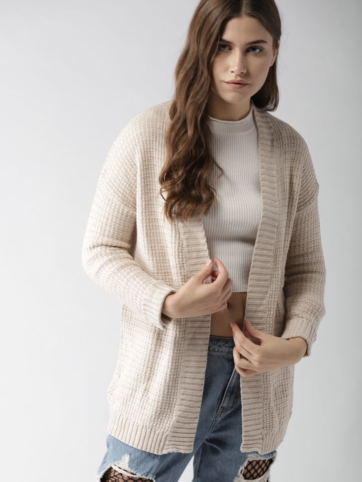 Buy FOREVER 21 Women Beige Self Design Front Open Sweater
