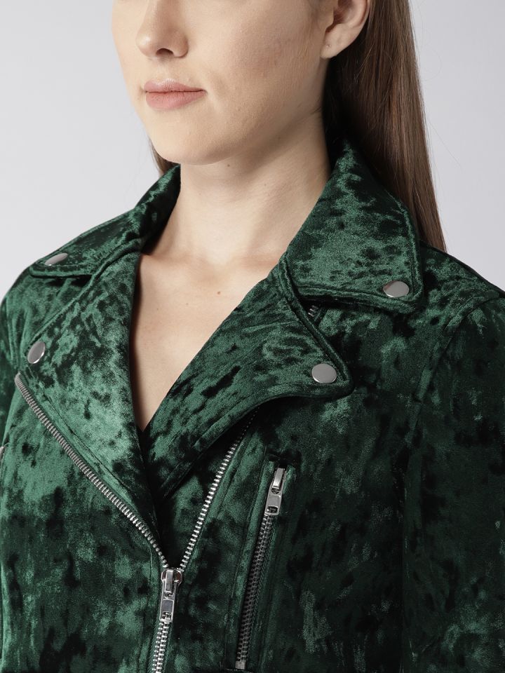 FOREVER 21 Women Green Velvet Finish Solid Jacket
