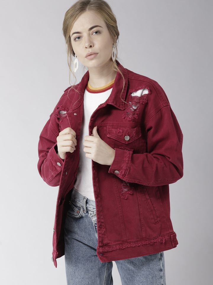 Buy FOREVER 21 Women Red Solid Distressed Denim Jacket - Jackets for Women  7231043 | Myntra