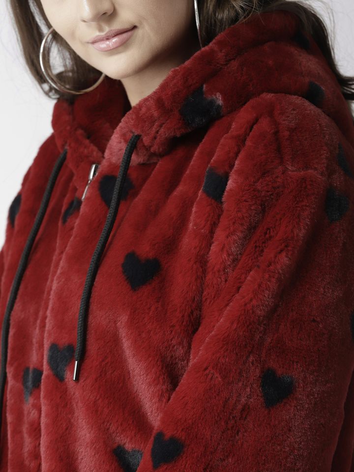 FOREVER 21 Women Red Printed Hooded Faux Fur Jacket