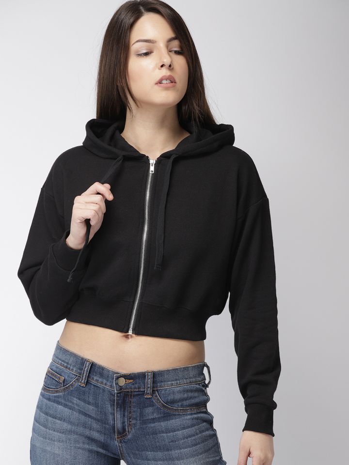 Buy FOREVER 21 Women Black Solid Hooded Crop Sweatshirt